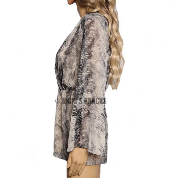 Boho Wrap Romper Long Sleeve V Neck Bell Sleeve Abstract Print Neutral Size S - Picture 5 of 10